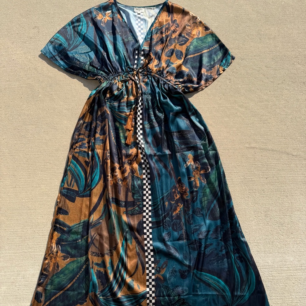 Satin Floral Maxi Dress with Checkered Trim Womens S/M